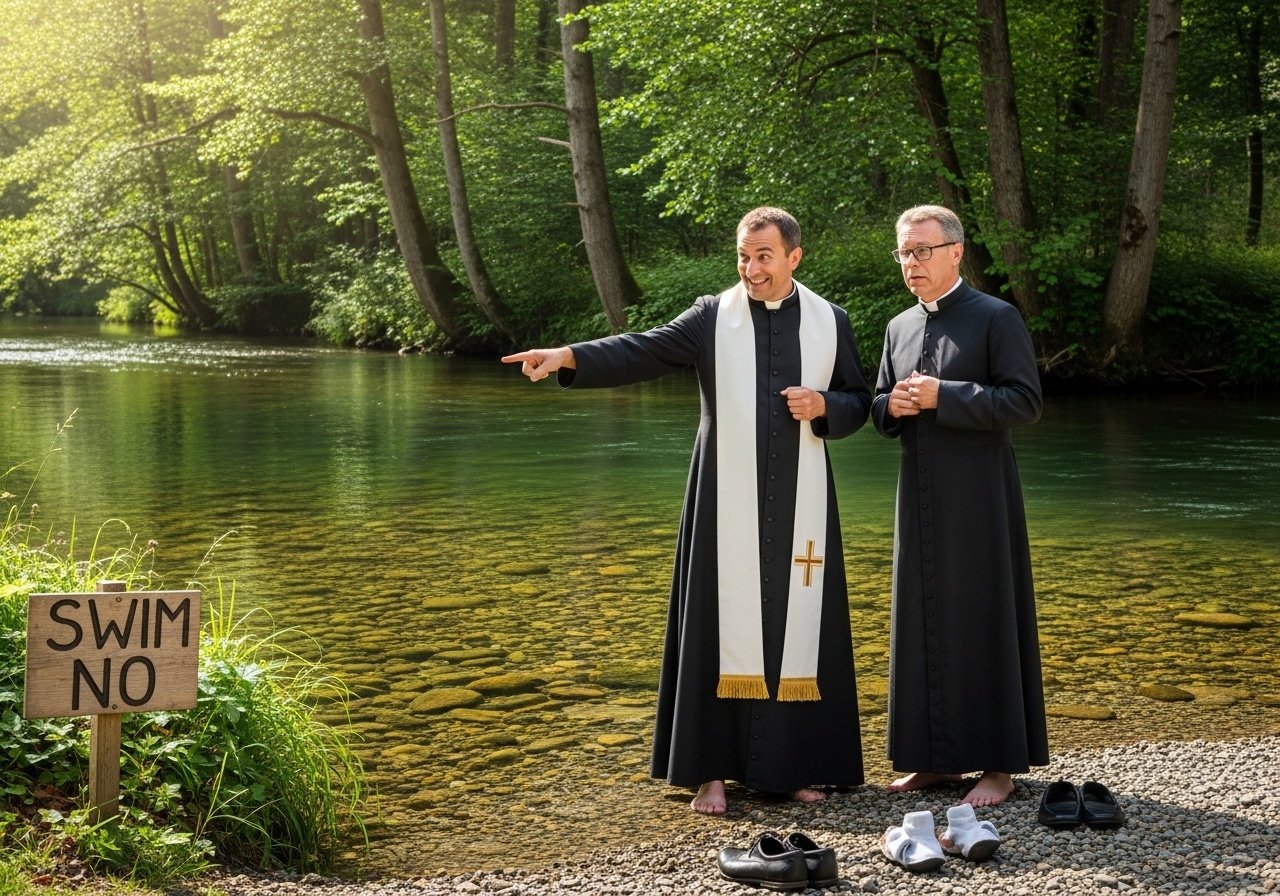 A minister and a priest went for a walk up the riverside. Suddenly the priest said: 