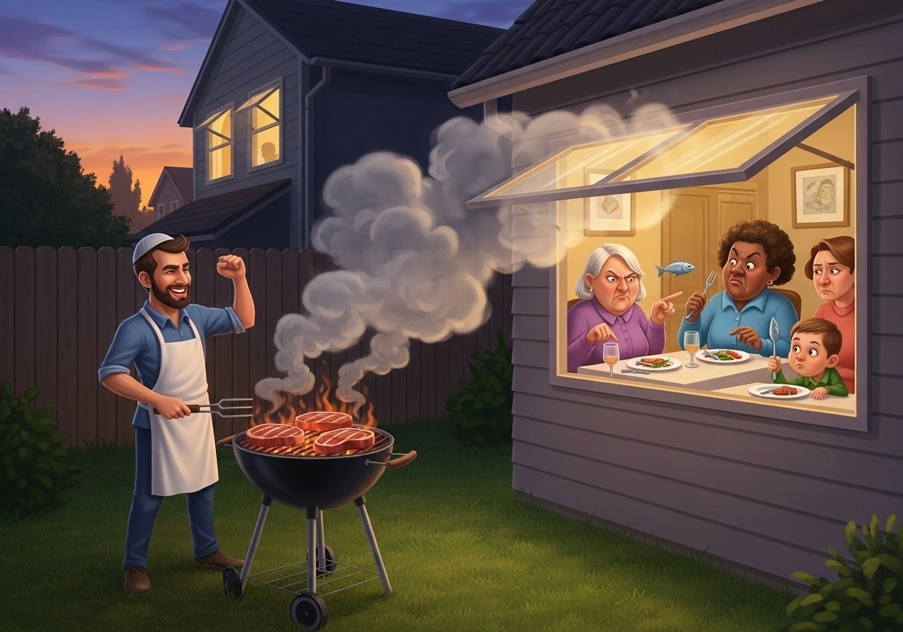 A Jewish man moves into a Catholic neighborhood. Every Friday The Catholics are driven crazy because, while they're eating fish, the Jew is outside barbecuing steaks. like that content image