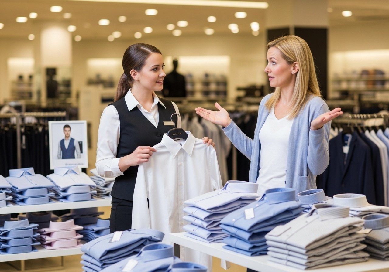 First Joke: While I was working in the men's section of a department store, a woman asked me to help her choose a white dress shirt for her husband. When I asked about his size, that content image